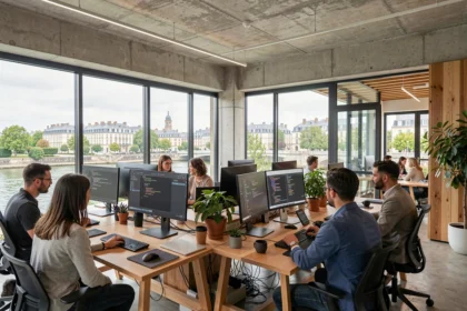Équipe de développeurs logiciels collaborant dans un espace de travail moderne en Centre-Val de Loire