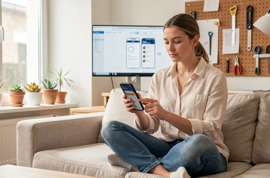 Développeuse d'applications mobiles travaillant sur une interface smartphone à Tours pour Digital Unicorn