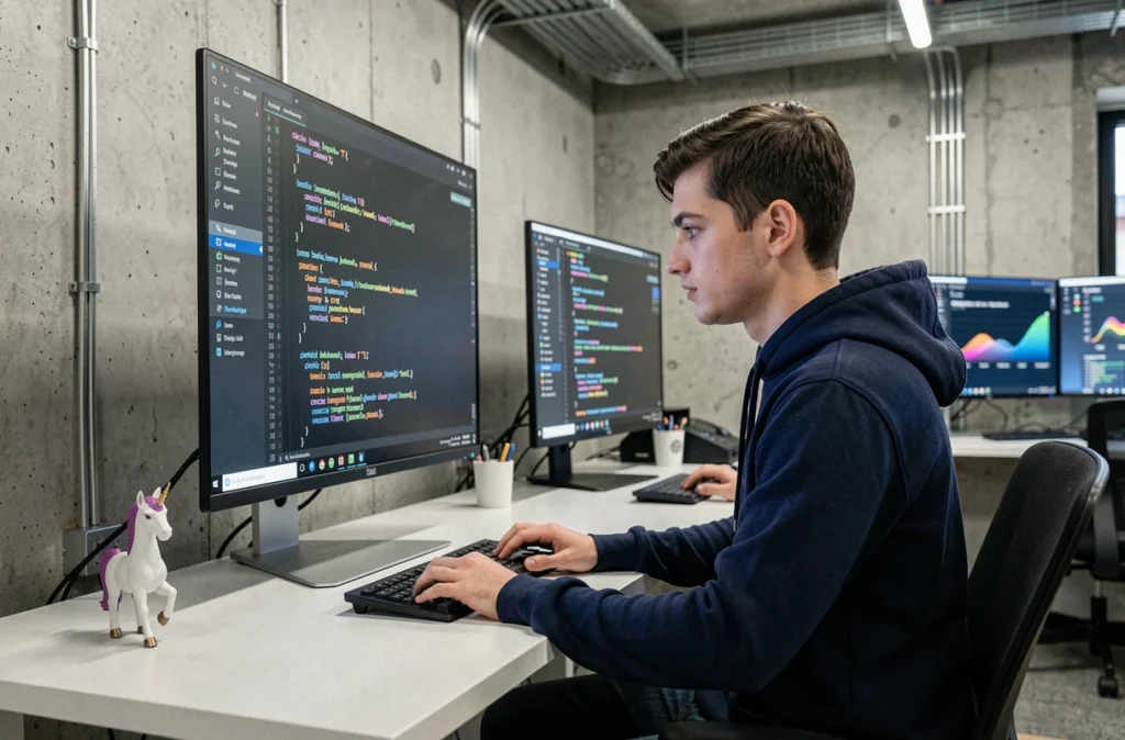 Développeur de l'entreprise Digital Unicorn travaillant sur du code dans un bureau moderne à Dijon