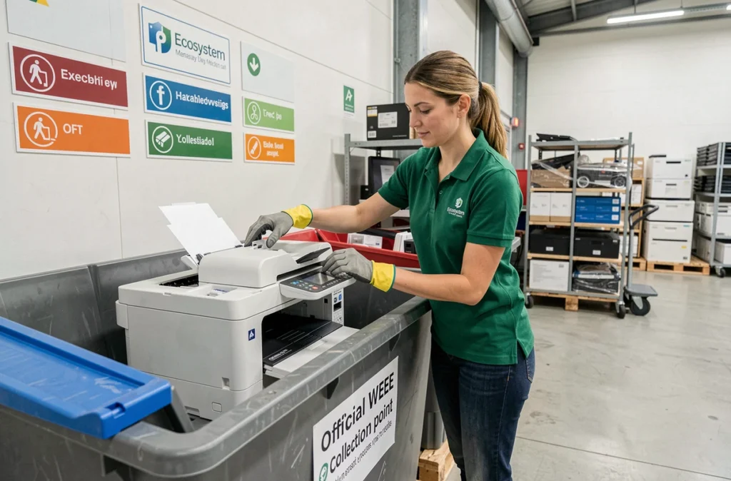 Coordinatrice Ecosystem déposant une imprimante usagée dans un bac de collecte agréé en vue du reconditionnement
