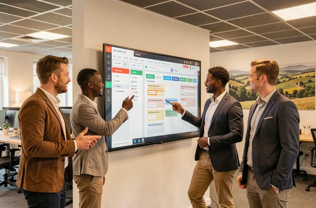 Équipe Emity utilisant une plateforme collaborative sur grand écran tactile dans un espace de travail en Bourgogne-Franche-Comté