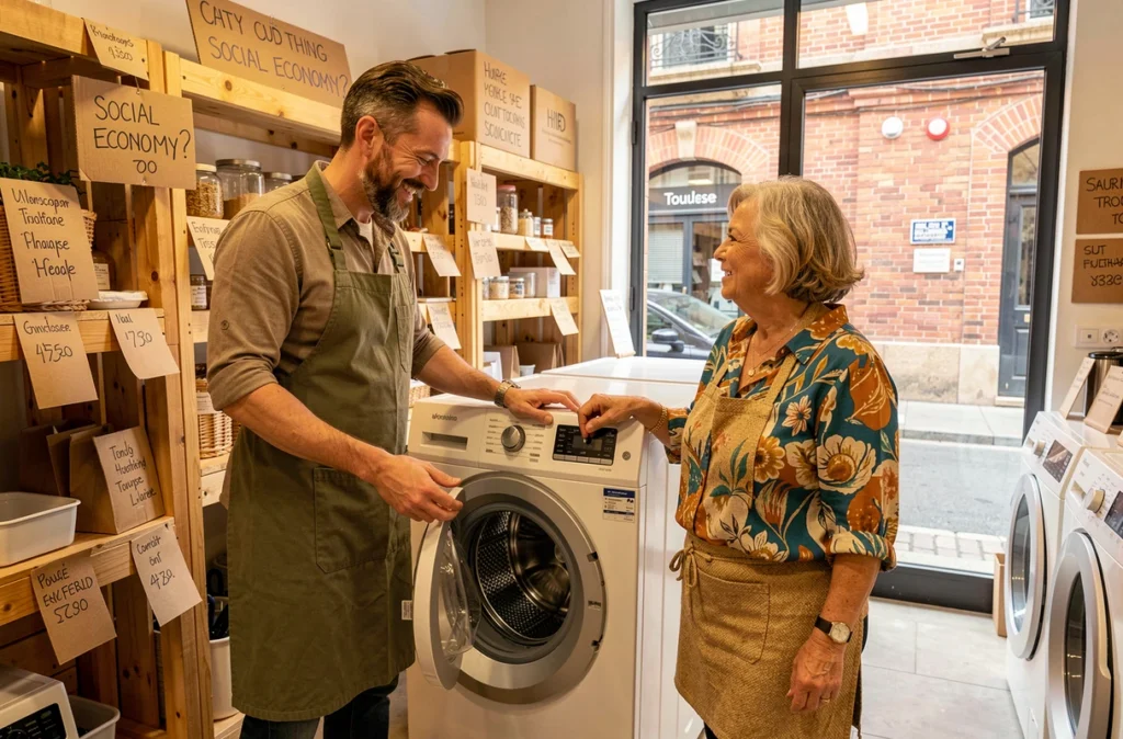 Employé Envie Toulouse présentant un lave-linge reconditionné à une cliente dans la boutique solidaire