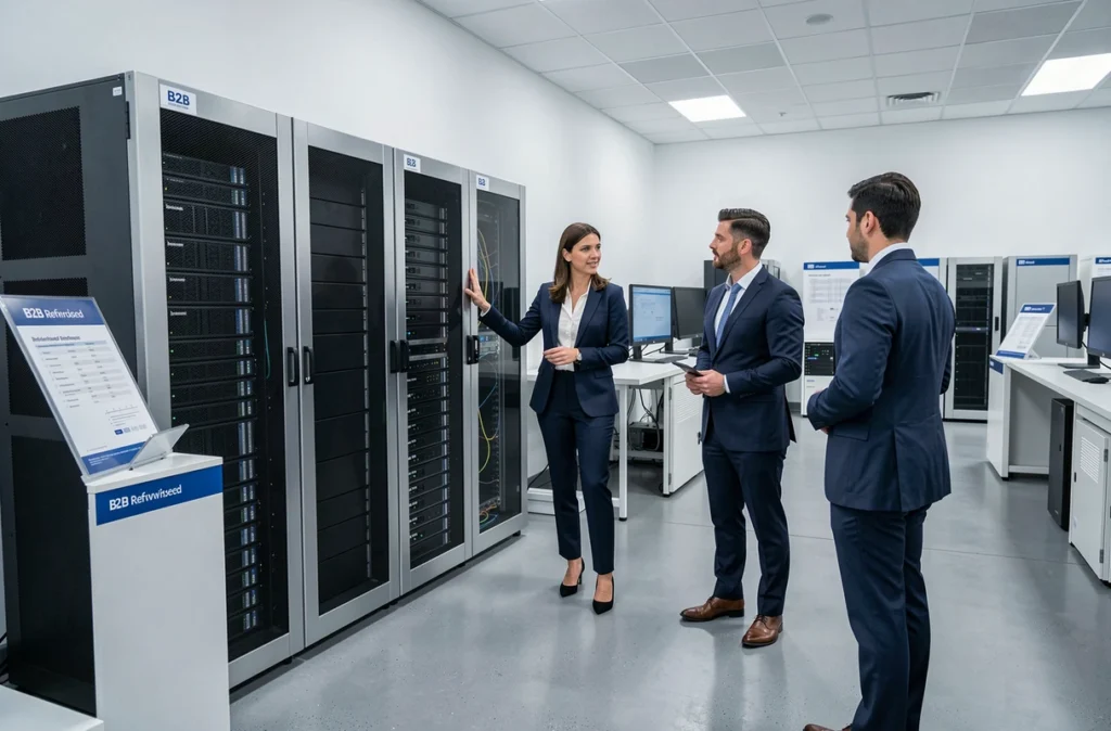 Commerciale ESI France présentant du matériel professionnel reconditionné à des clients en showroom