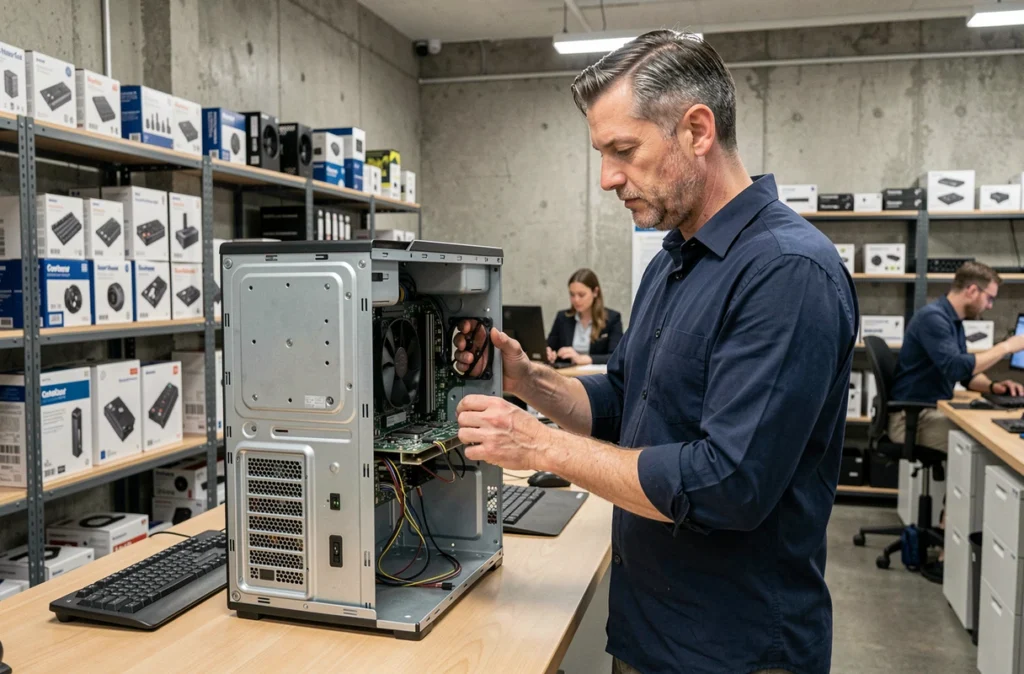 Homme inspectant les composants internes d'un PC de bureau dans un espace de travail professionnel pour guider le choix de matériel informatique
