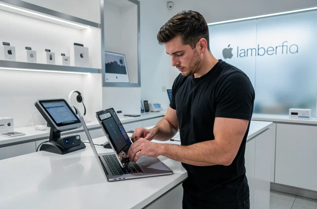 Technicien d'iGénération remplaçant la batterie d'un MacBook Pro dans une boutique premium