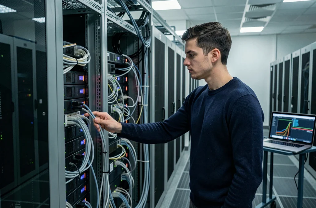 Spécialiste d'Infonesia configurant un serveur dans une salle informatique professionnelle