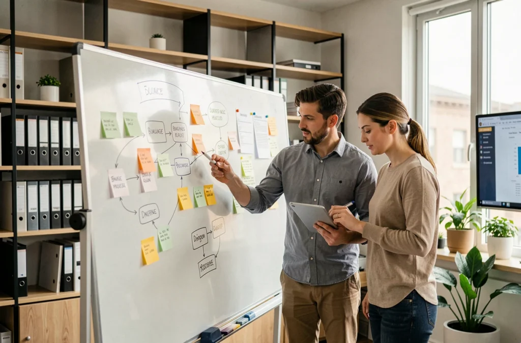 Équipe KINCY collaborant autour d'un tableau blanc lors d'une session d'expertise métier en informatique