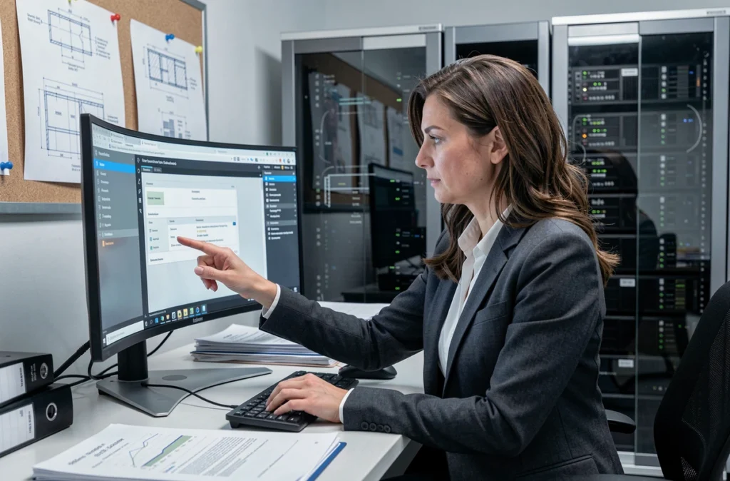 Ingénieure de Lirius analysant un logiciel sur mesure sur grand écran dans un bureau professionnel