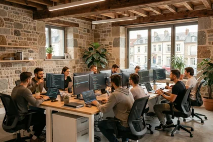 Équipe de développeurs logiciels travaillant ensemble dans un bureau moderne en Bourgogne-Franche-Comté