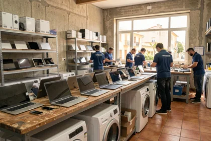 Vue d'ensemble d'un atelier de reconditionnement de matériel électronique en Occitanie avec techniciens et rayonnages