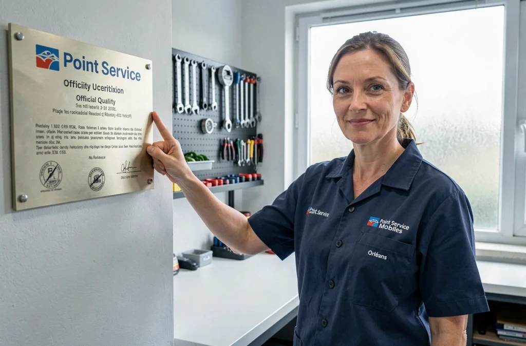 Technicienne de Point Service Mobiles Orléans désignant le label qualité officiel affiché dans son atelier de réparation du Loiret