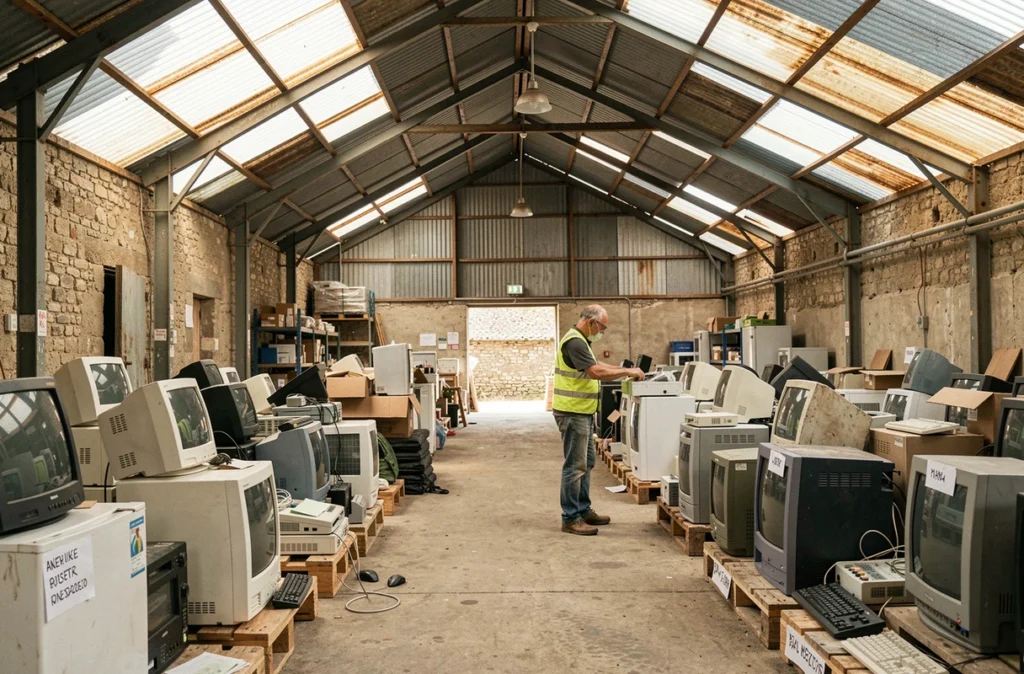 Agent de la Recyclerie du Rouergue triant du matériel électronique collecté dans un entrepôt en Aveyron