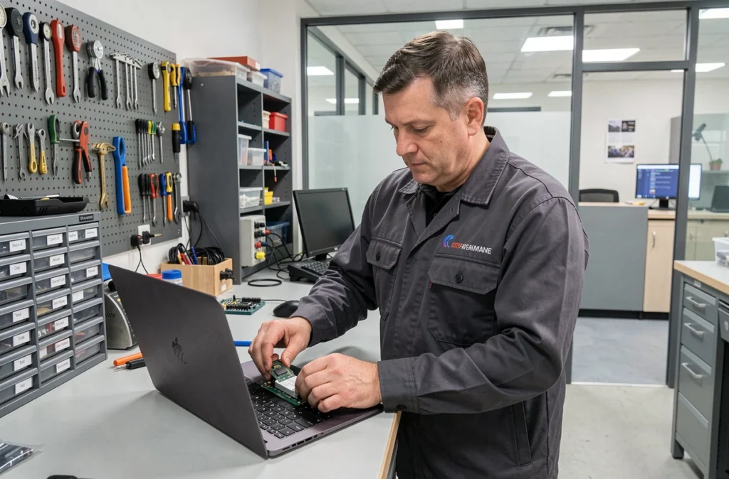 Technicien de Reims Informatique installant un SSD dans un ordinateur portable