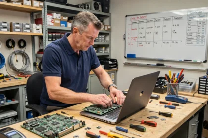 Technicien informatique réparant un ordinateur portable dans un atelier professionnel dans la Marne