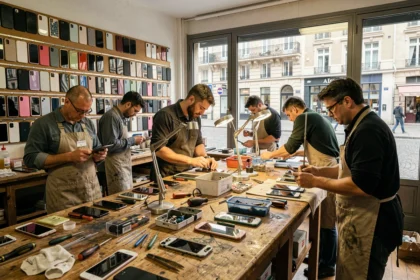 Atelier de réparation de smartphones en centre-ville avec plusieurs techniciens au travail sur des établis couverts d'outils et de pièces détachées