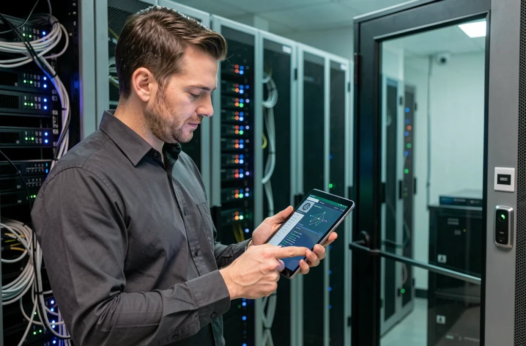 Expert en sécurité informatique de Sérénitique inspectant un tableau de bord réseau dans un datacenter en Bourgogne
