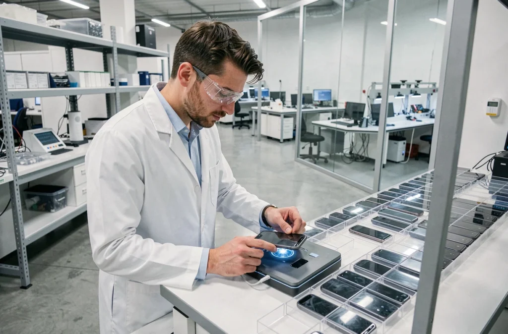 Technicien en blouse blanche inspectant un smartphone reconditionné dans l'atelier industriel SMAAART à Montpellier