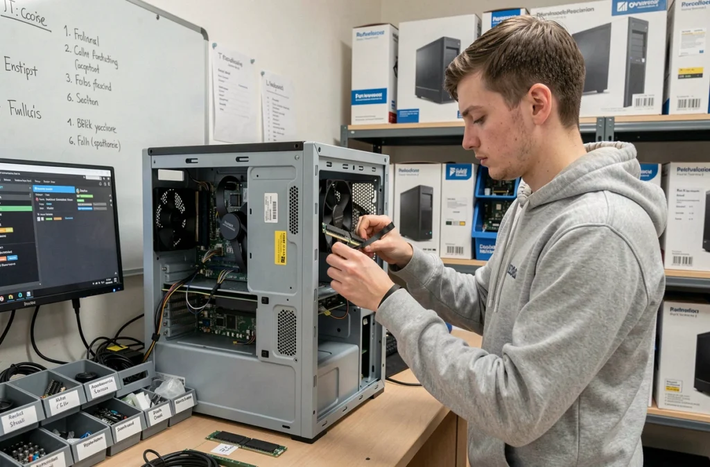 Technicien installant un module RAM dans un ordinateur reconditionné dans l'atelier Techno Eco en Occitanie