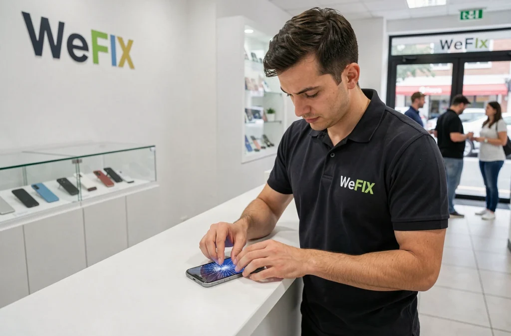 Technicien WeFix Tours remplaçant l'écran d'un smartphone dans un kiosque de réparation express en centre-ville