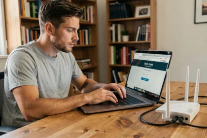Homme configurant l'accès à l'interface d'administration de son routeur depuis un ordinateur portable à son bureau à domicile