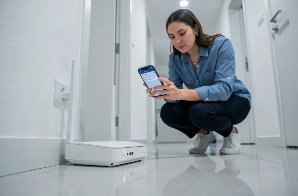 Femme vérifiant l'adresse IP incorrecte d'un routeur sur son smartphone dans un couloir d'appartement moderne